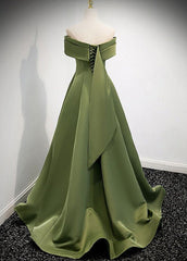 Prom Dresses Patterned, A-line Green Satin Off Shoulder Long Evening Dress, Green Floor Length Prom Dress