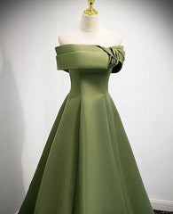 Prom Dress Patterns, A-line Green Satin Off Shoulder Long Evening Dress, Green Floor Length Prom Dress