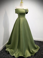 Prom Dresses Patterns, A-line Green Satin Off Shoulder Long Evening Dress, Green Floor Length Prom Dress
