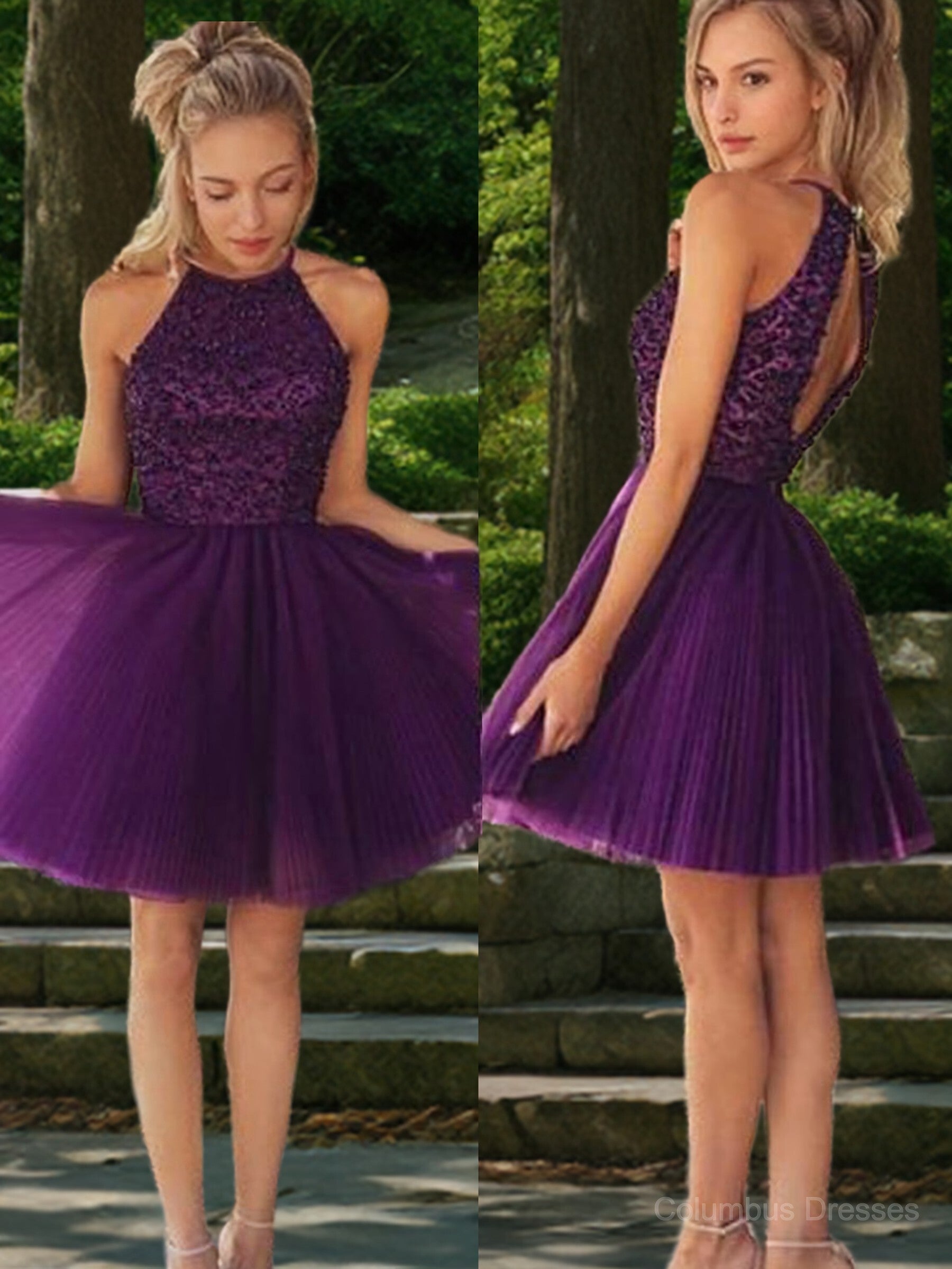 Prom Dress Country, A-Line/Princess Halter Short/Mini Tulle Homecoming Dresses With Beading