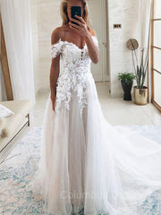 Wedding Dressed Boho, A-Line/Princess Off-the-Shoulder Cathedral Train Tulle Wedding Dresses With Appliques Lace
