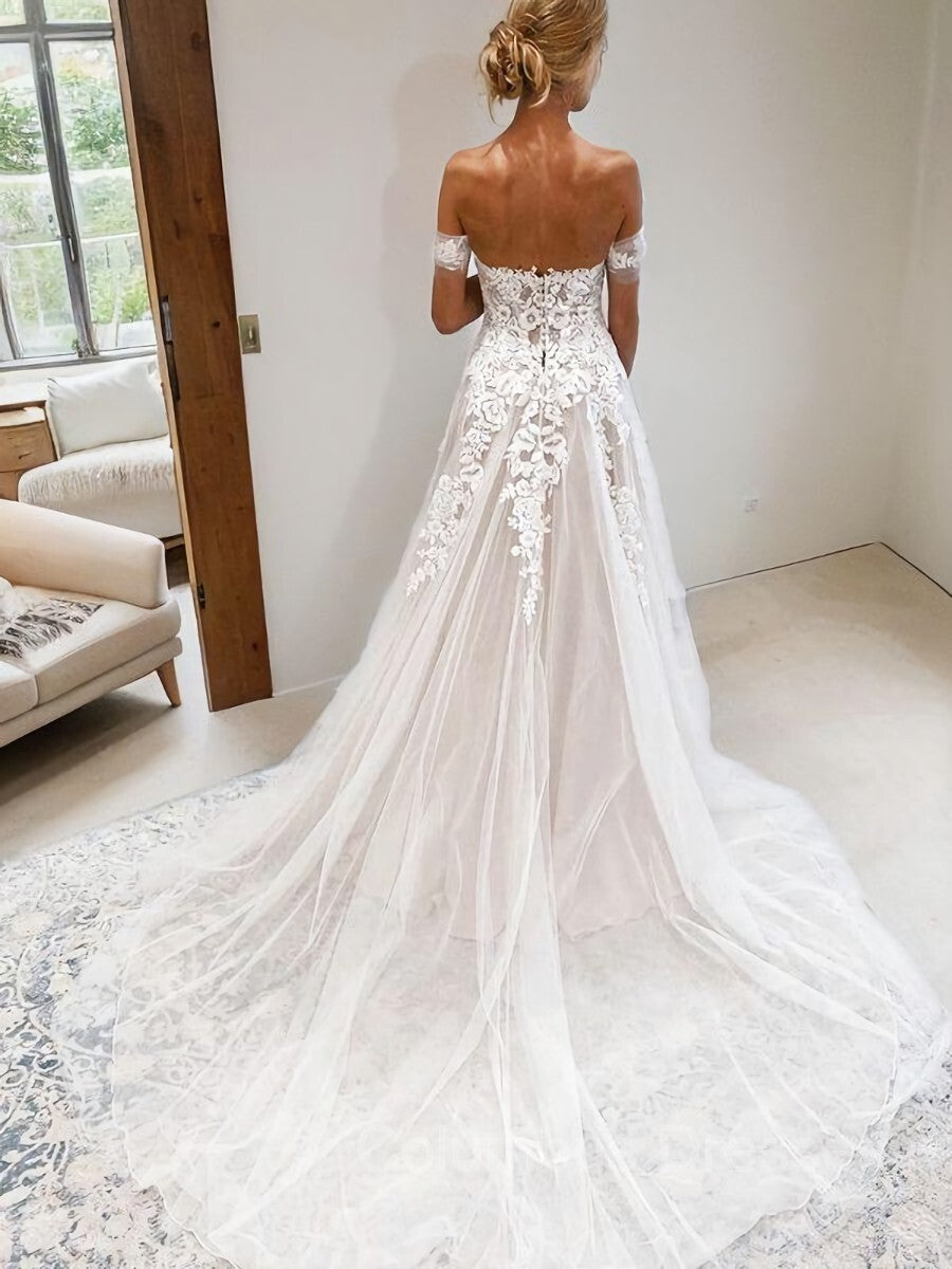 Wedding Dresse Boho, A-Line/Princess Off-the-Shoulder Cathedral Train Tulle Wedding Dresses With Appliques Lace