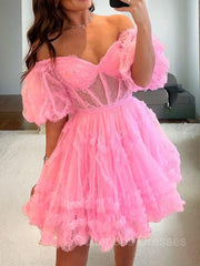 Bridesmaid Dress Tulle, A-Line/Princess Off-the-Shoulder Corset Short/Mini Tulle Homecoming Dresses With Ruffles