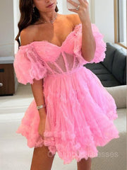 Bridesmaids Dresses Chiffon, A-Line/Princess Off-the-Shoulder Corset Short/Mini Tulle Homecoming Dresses With Ruffles