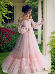 Party Fitness, A-Line/Princess Off-the-Shoulder Floor-Length Tulle Prom Dresses With Appliques Lace