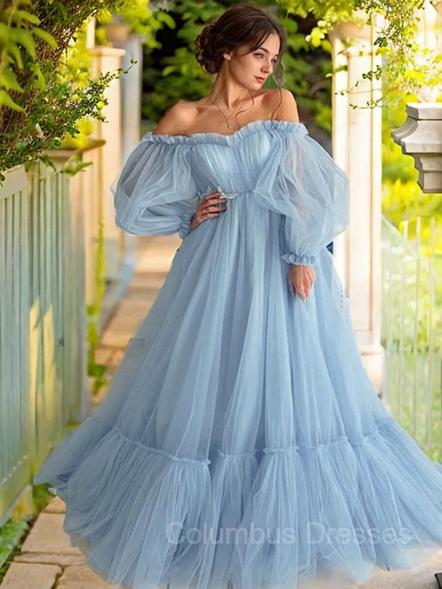 Cute Dress Outfit, A-Line/Princess Off-the-Shoulder Floor-Length Tulle Prom Dresses With Appliques Lace
