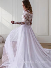 Wedding Dress Stores, A-Line/Princess Off-the-Shoulder Sweep Train Tulle Wedding Dresses