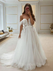 Wedding Dress Fabric, A-Line/Princess Off-the-Shoulder Sweep Train Tulle Wedding Dresses