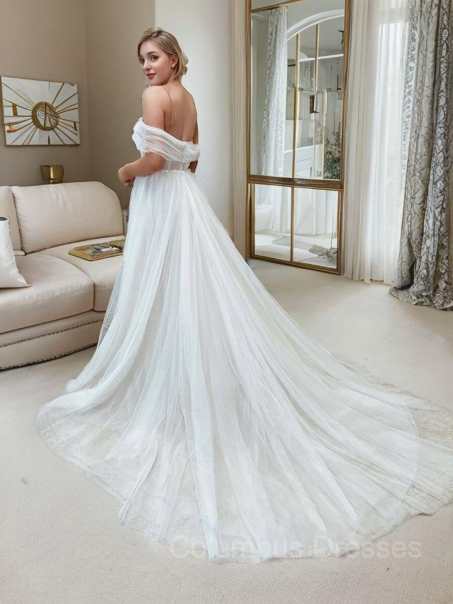 Wedding Dresses Fabric, A-Line/Princess Off-the-Shoulder Sweep Train Tulle Wedding Dresses