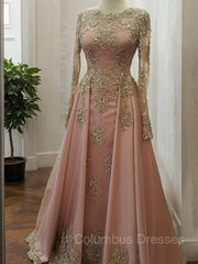 Party Dresses Styles, A-Line/Princess Scoop Floor-Length Tulle Evening Dresses With Appliques Lace