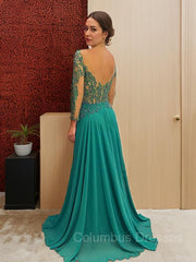 Prom Dresses For Teen, A-Line/Princess Scoop Sweep Train Chiffon Mother of the Bride Dresses With Appliques Lace