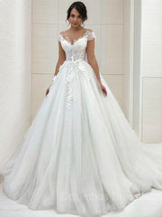 Wedding Dress Princesses, A-Line/Princess Scoop Sweep Train Tulle Wedding Dresses