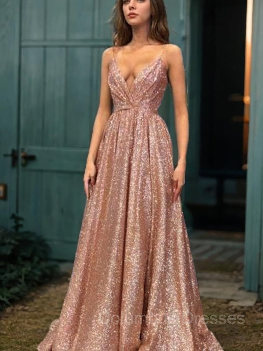 Prom Dresses Two Pieces, A-Line/Princess Spaghetti Straps Floor-Length Sequins Evening Dresses With Ruffles