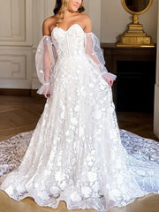 Wedding Dress Online Shops, A-Line/Princess Sweetheart Cathedral Train Lace Wedding Dresses With Appliques Lace