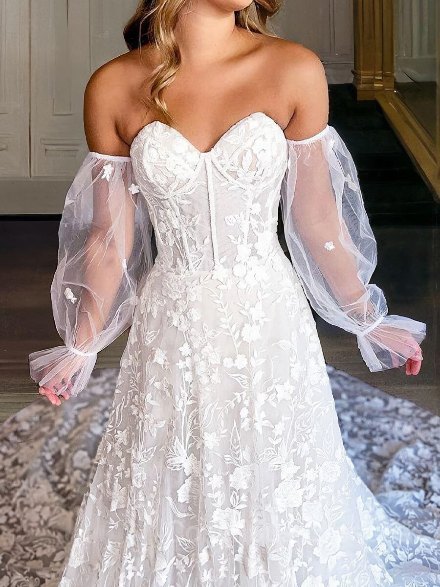 Wedding Dress Styles 2027, A-Line/Princess Sweetheart Cathedral Train Lace Wedding Dresses With Appliques Lace