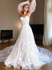 Wedding Dress Style 2027, A-Line/Princess Sweetheart Cathedral Train Lace Wedding Dresses With Appliques Lace