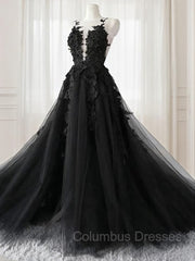 Wedding Dress For Large Bust, A-line/Princess V-neck Court Train Tulle Wedding Dress with Appliques Lace