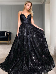 Night Dress, A-Line/Princess V-neck Floor-Length Sequins Prom Dresses