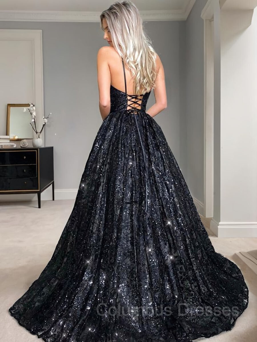 Black Formal Dress, A-Line/Princess V-neck Floor-Length Sequins Prom Dresses