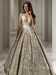 Bridesmaids Dresses Orange, A-Line/Princess V-neck Floor-Length Sequins Prom Dresses With Ruffles