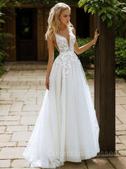 Wedsing Dress Princess, A-Line/Princess V-neck Sweep Train Tulle Wedding Dresses