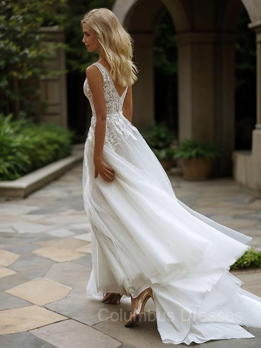 Wedding Dressed Princess, A-Line/Princess V-neck Sweep Train Tulle Wedding Dresses