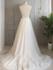 Wedding Dresses Lace Sleeves, A-Line/Princess V-neck Sweep Train Tulle Wedding Dresses With Appliques Lace