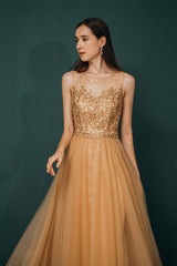 Formal Dress Vintage, A-Line Scoop Neckline Sheer Appliques Beaded Ankle Length Prom Dresses