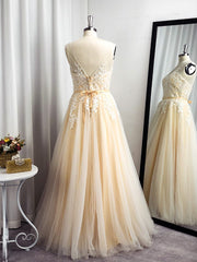 Prom Dresses Orange, A-line Spaghetti Straps Appliques Lace Floor-Length Tulle Dress