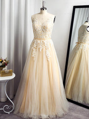 Prom Dress Long Sleeve Ball Gown, A-line Spaghetti Straps Appliques Lace Floor-Length Tulle Dress