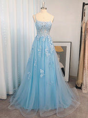 Bridesmaids Dress Long, A-line Spaghetti Straps Appliques Lace Sweep Train Tulle Dress