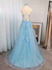 Bridesmaids Dresses Long, A-line Spaghetti Straps Appliques Lace Sweep Train Tulle Dress