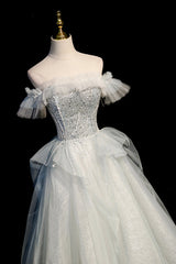 Evening Dresses For Over 52, A-Line Tulle Sequins Long Prom Dress, Off the Shoulder Evening Dress