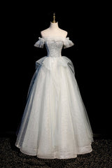 Evening Dresses Knee Length, A-Line Tulle Sequins Long Prom Dress, Off the Shoulder Evening Dress