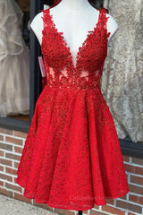 Prom Dress For Girl, A Line V Neck Short Red Lace Prom Dress, Red Lace Formal Graduation Homecoming Dress