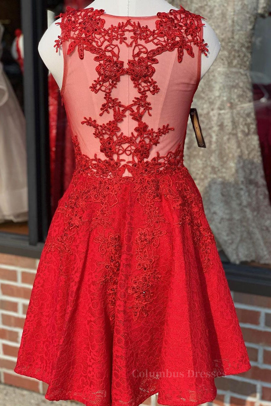 Prom Dresses For Girls, A Line V Neck Short Red Lace Prom Dress, Red Lace Formal Graduation Homecoming Dress