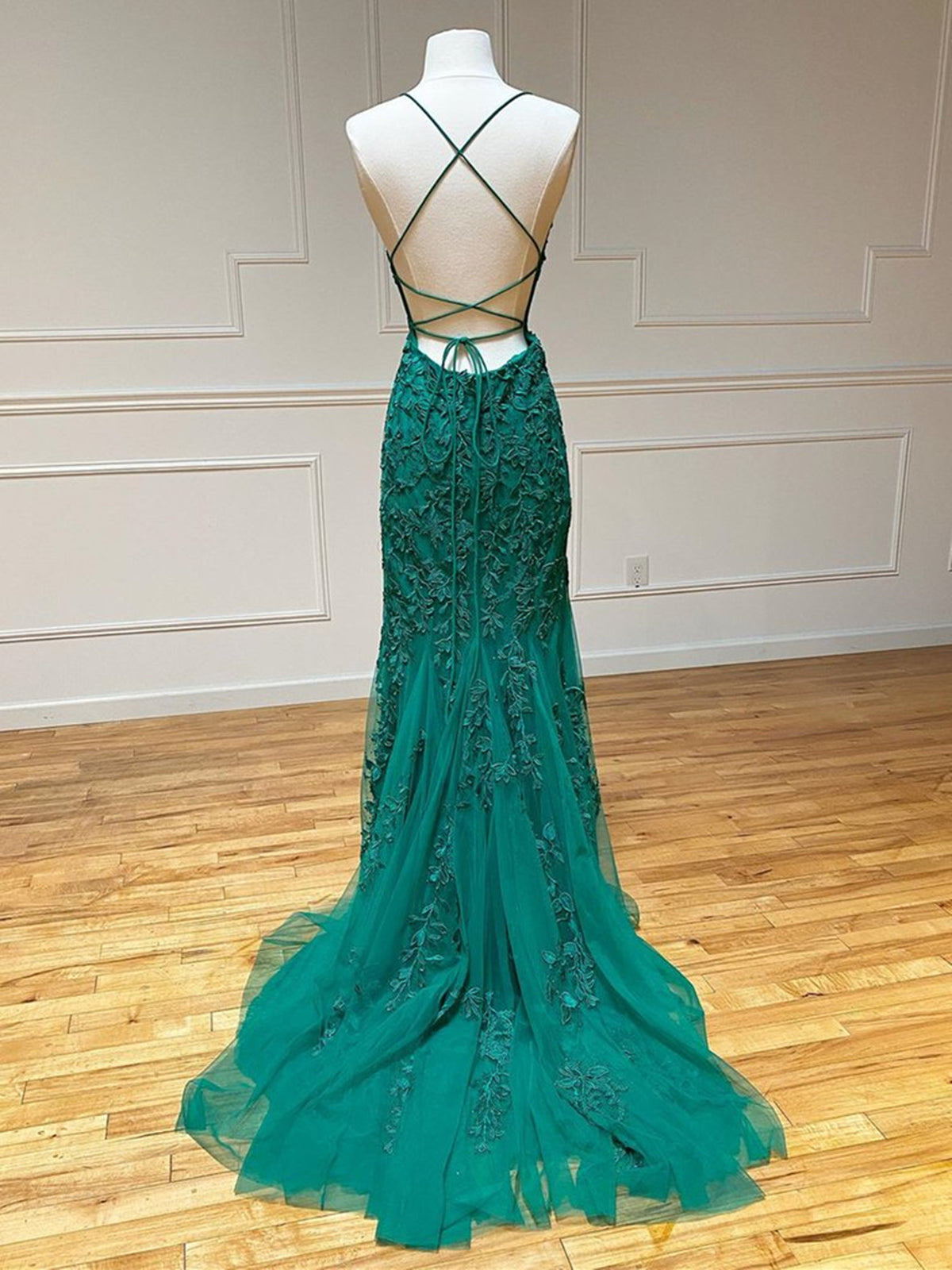 Party Dress With Sleeves, Backless Green Lace Mermaid Prom Dresses, Open Back Mermaid Lace Formal Evening Dresses
