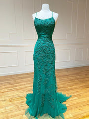 Party Dresses Sleeves, Backless Green Lace Mermaid Prom Dresses, Open Back Mermaid Lace Formal Evening Dresses