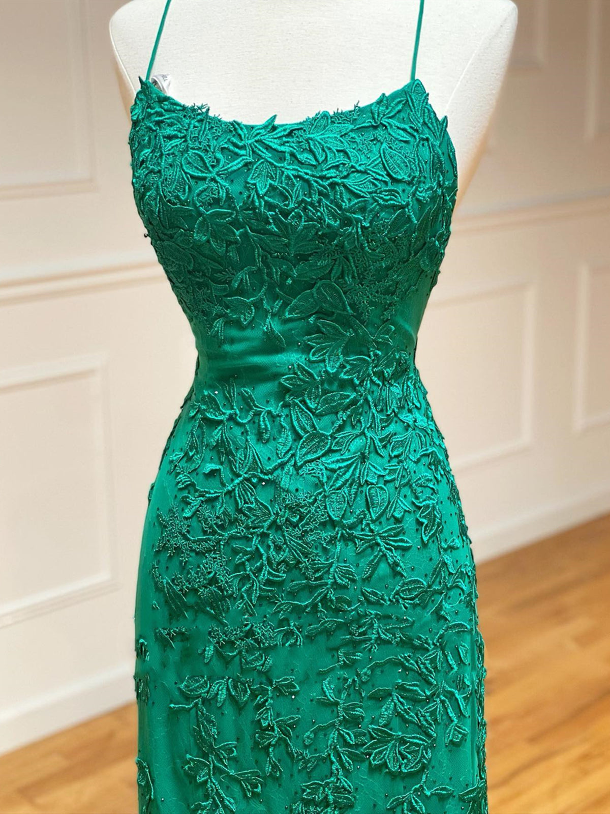 Party Dress Satin, Backless Green Mermaid Lace Prom Dresses, Open Back Green Lace Mermaid Formal Evening Dresses