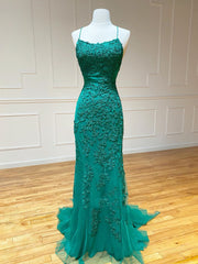 Party Dress White, Backless Green Mermaid Lace Prom Dresses, Open Back Green Lace Mermaid Formal Evening Dresses