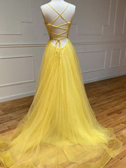 Party Dress For Summer, Backless Yellow Tulle Long Formal Evening Dresses, Open Back Yellow Tulle Long Prom Dresses