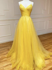 Party Dresses Summer, Backless Yellow Tulle Long Formal Evening Dresses, Open Back Yellow Tulle Long Prom Dresses