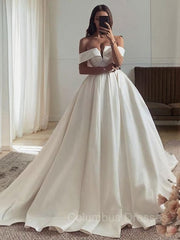 Wedding Dress Simple Elegant, Ball Gown Off-the-Shoulder Sweep Train Satin Wedding Dresses