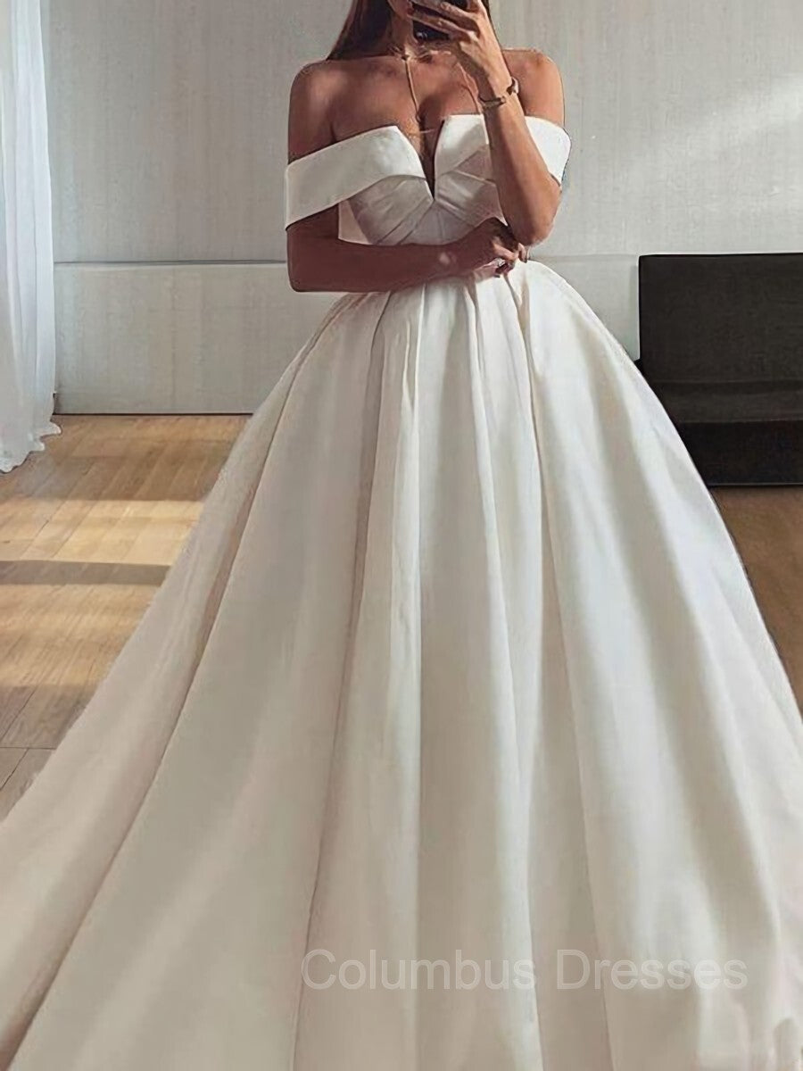 Wedding Dresses Simple Elegant, Ball Gown Off-the-Shoulder Sweep Train Satin Wedding Dresses