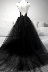 Flower Girl Dress, Black A-line Tulle with Lace Long Party Dress, Black Formal Dress Prom Dress