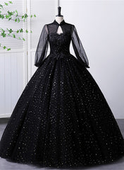 Bridesmaid Dresses Cheap, Black High Neckline Long Sleeves Tulle Sweet 16 Dress, Black Ball Gown Formal Dress