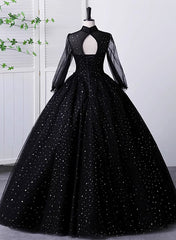 Bridesmaid Dresses Blue, Black High Neckline Long Sleeves Tulle Sweet 16 Dress, Black Ball Gown Formal Dress