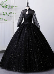 Bridesmaid Dresses Colorful, Black High Neckline Long Sleeves Tulle Sweet 16 Dress, Black Ball Gown Formal Dress
