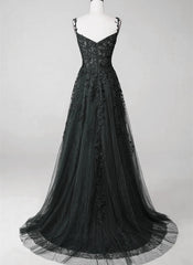 Sweet 16 Dress, Black Lace Straps Beaded A-line Prom Dress Party Dress, Black Floor Length Formal Dress