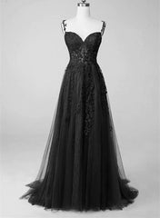 Corset Dress, Black Lace Straps Beaded A-line Prom Dress Party Dress, Black Floor Length Formal Dress